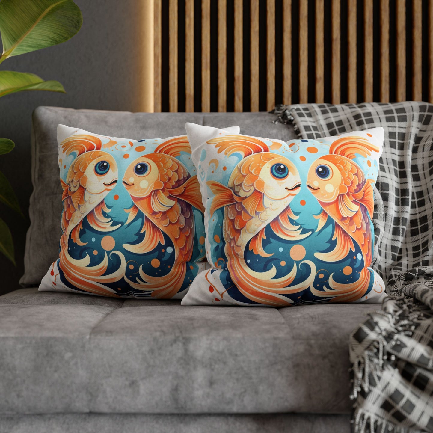 Charming Cartoon Fish Pisces - Dreamy Zodiac Illustration - Spun Polyester Square Pillow Case