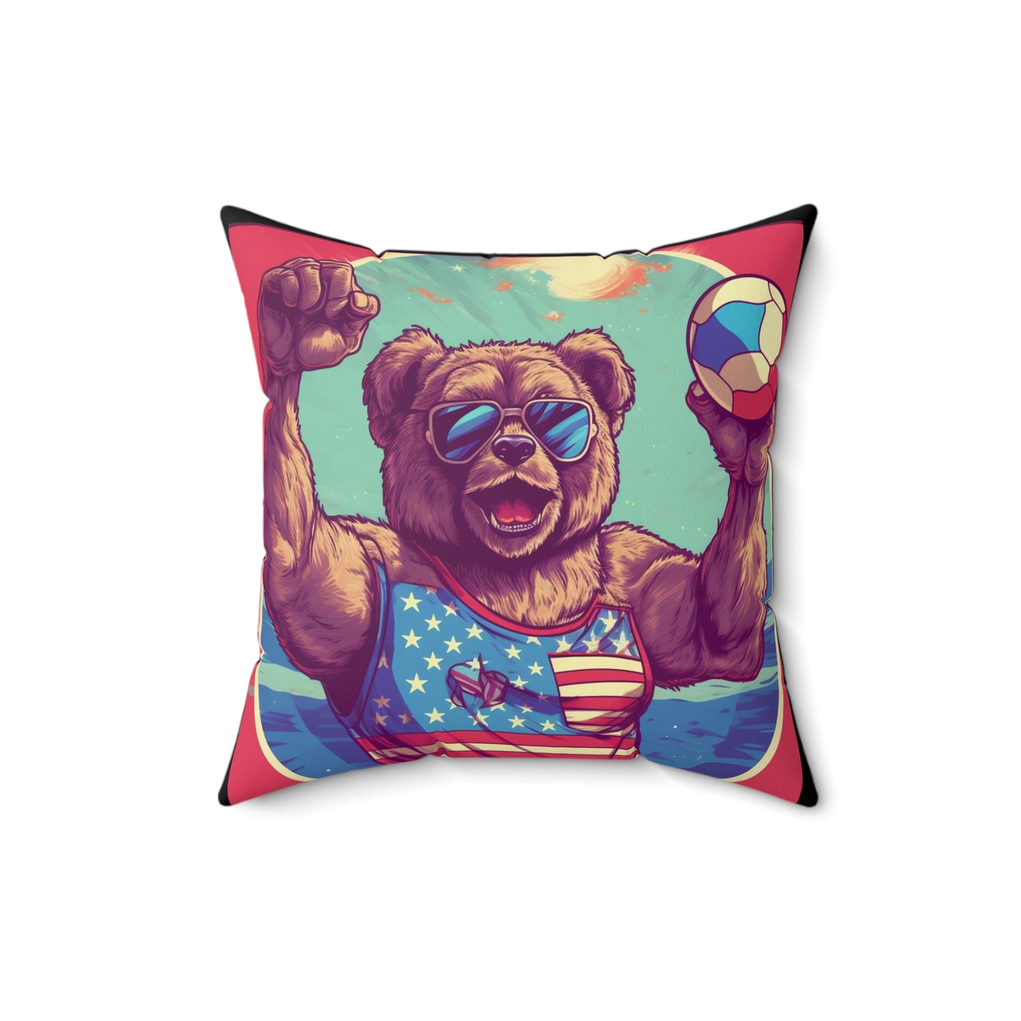 Volleyball Court Patriotism: 4th of July American Bear Athletic Spun Polyester Square Pillow