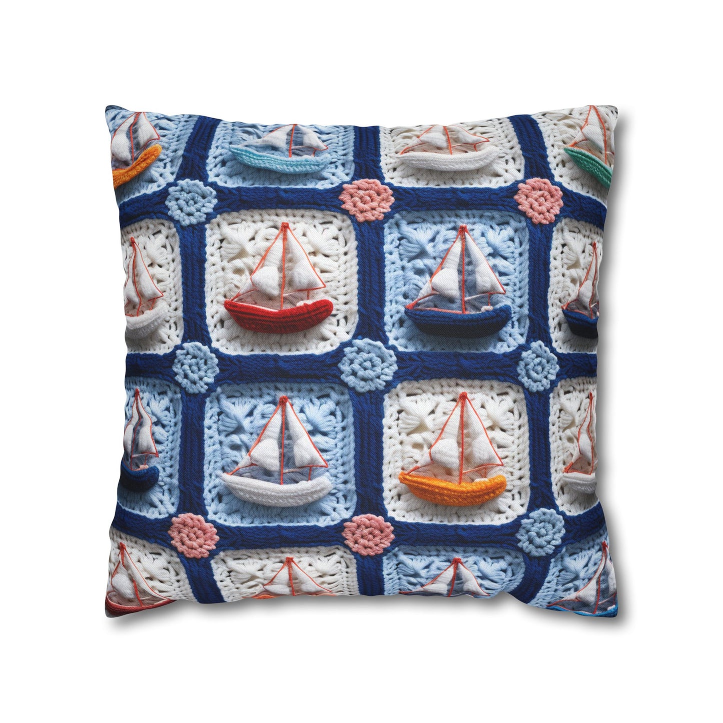 Crochet Boat Ship Sea Vessel Ocean Beach Travel Yacht Design - Spun Polyester Square Pillow Case