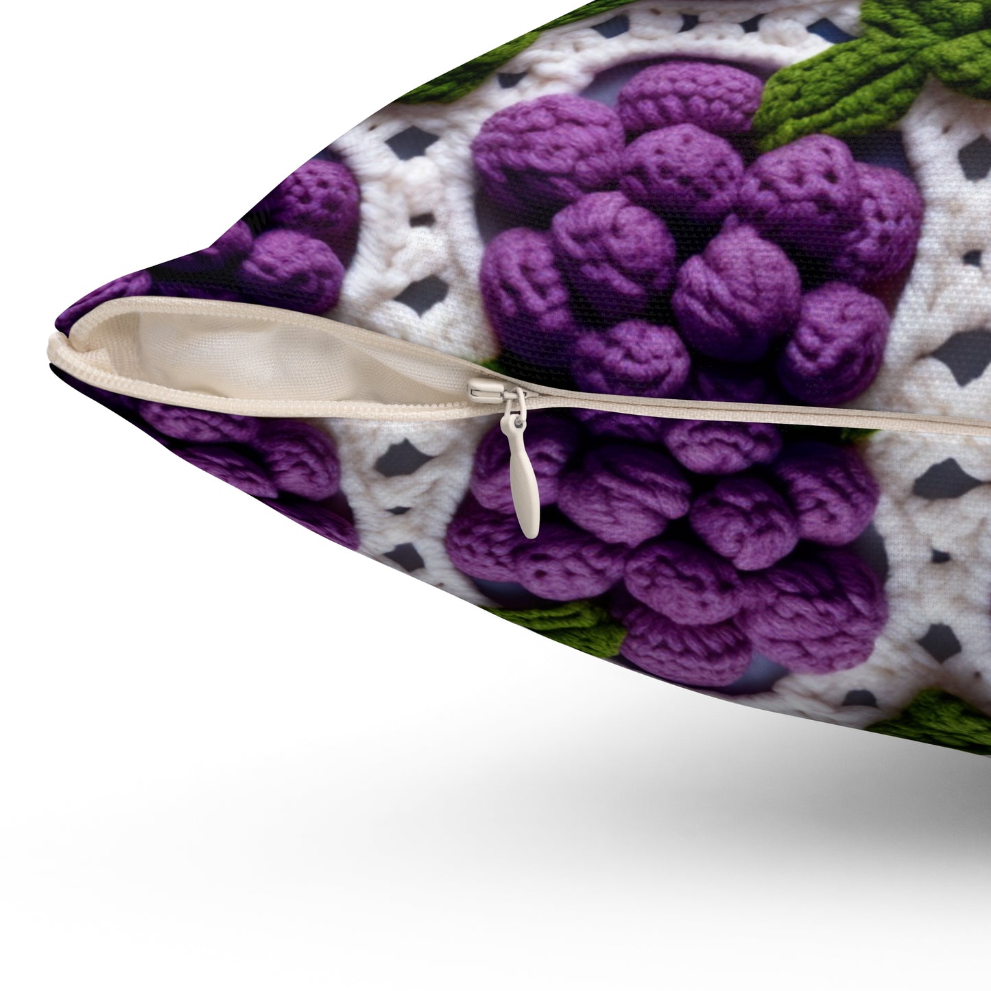 Crochet Grapes Pattern - Granny Square Design - Fresh Fruit Pick - Orchard Purple Snack Food - Spun Polyester Square Pillow