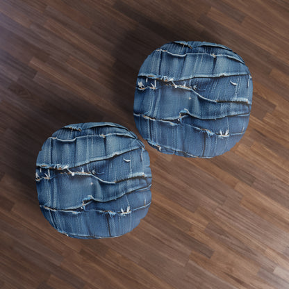 Midnight Blue Distressed Denim: Rugged, Torn & Stylish Design - Tufted Floor Pillow, Round