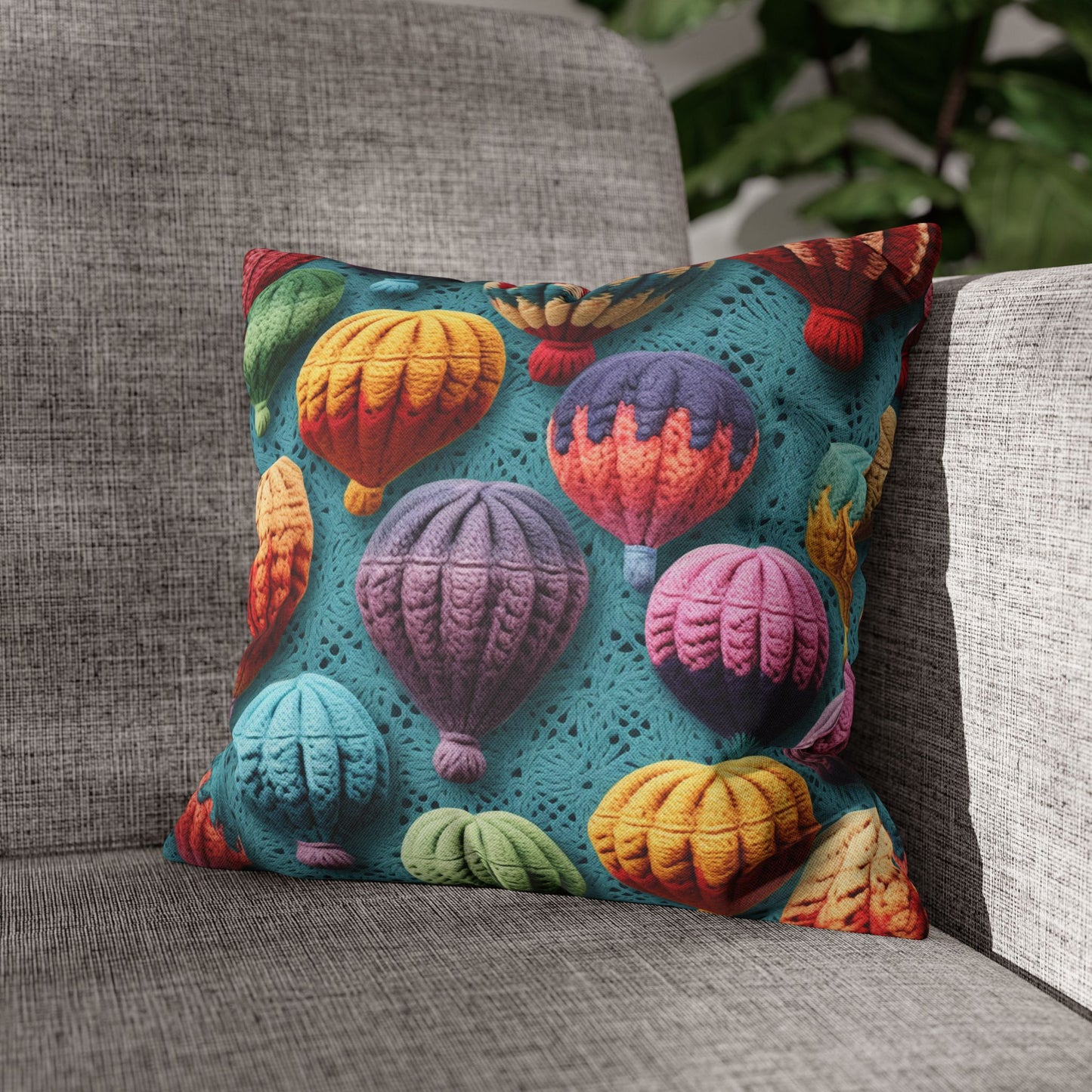 Crochet Hot Air Balloons Sky Travel Transport Scenic Style - Spun Polyester Square Pillow Case