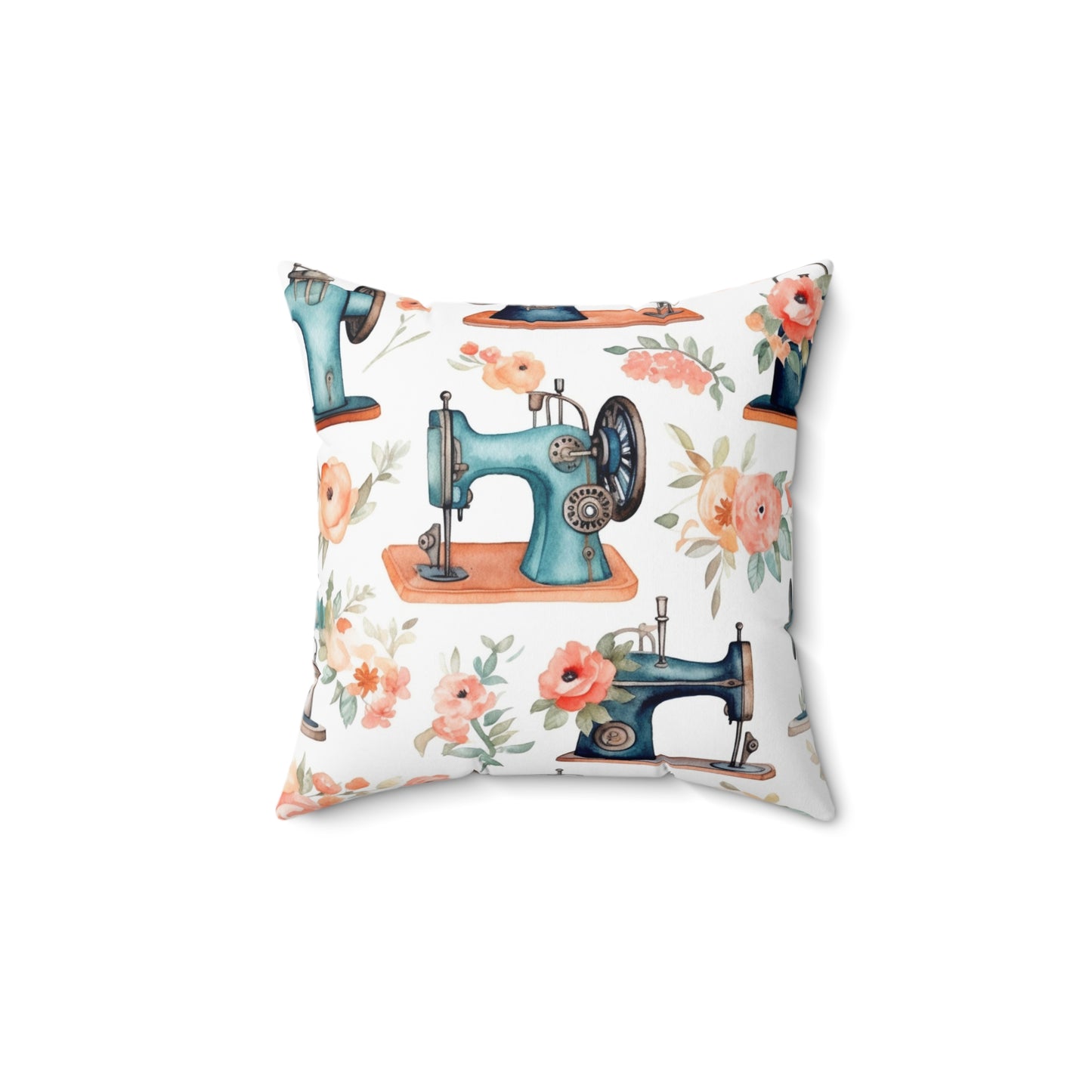 Watercolor Sewing Machines & Floral Bouquets: Antique Feminine Minimalist Styling - Spun Polyester Square Pillow