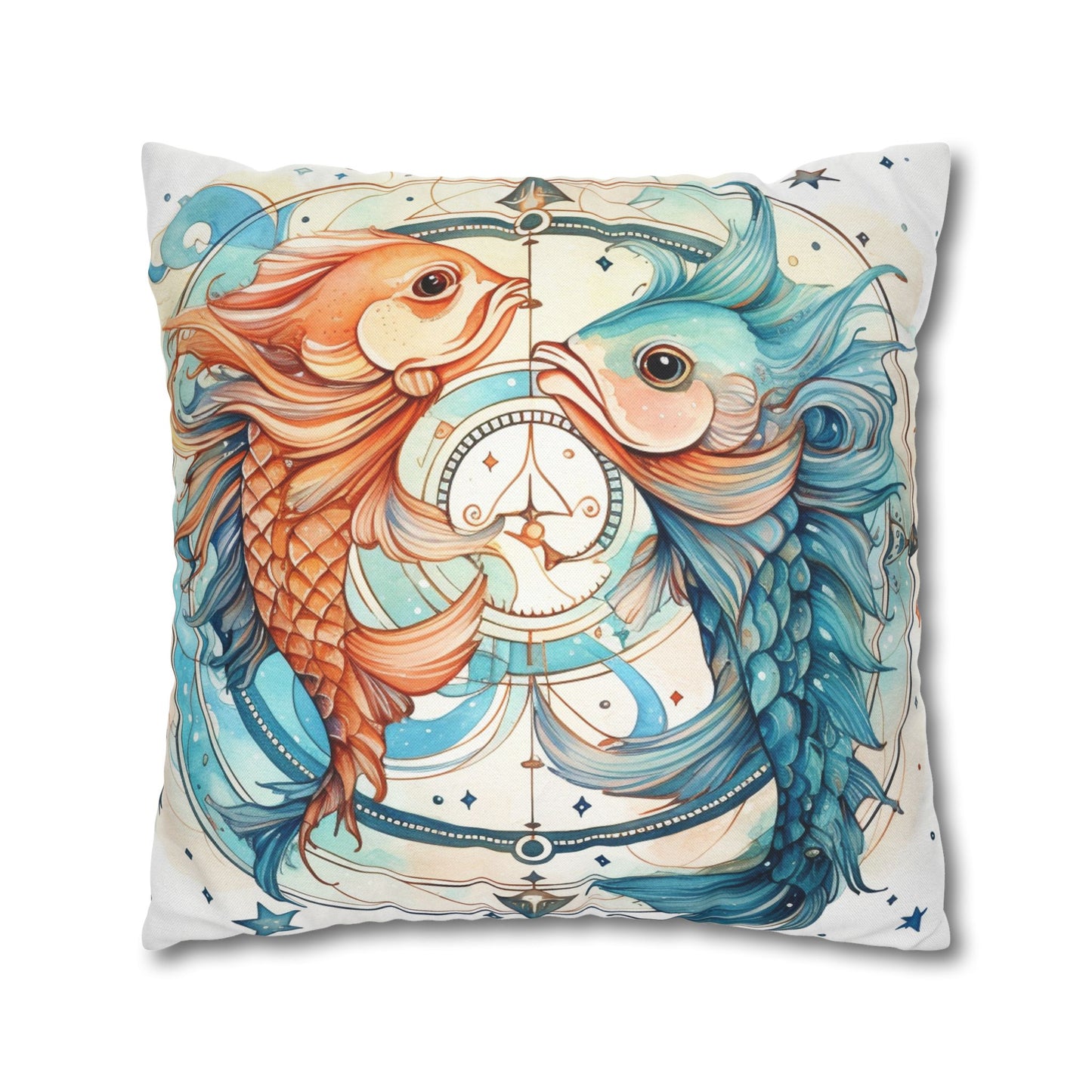 Pisces Zodiac Horoscope - Starry Watercolor & Ink, Hyper-Detailed Fish Spun Polyester Square Pillow Case