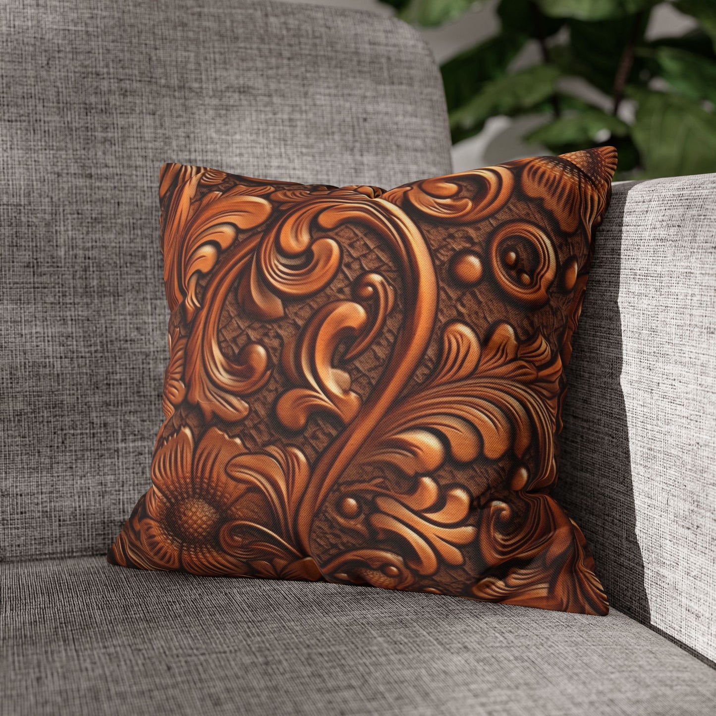 Leather Flower Cognac Classic Brown Timeless American Cowboy Design - Spun Polyester Square Pillow Case