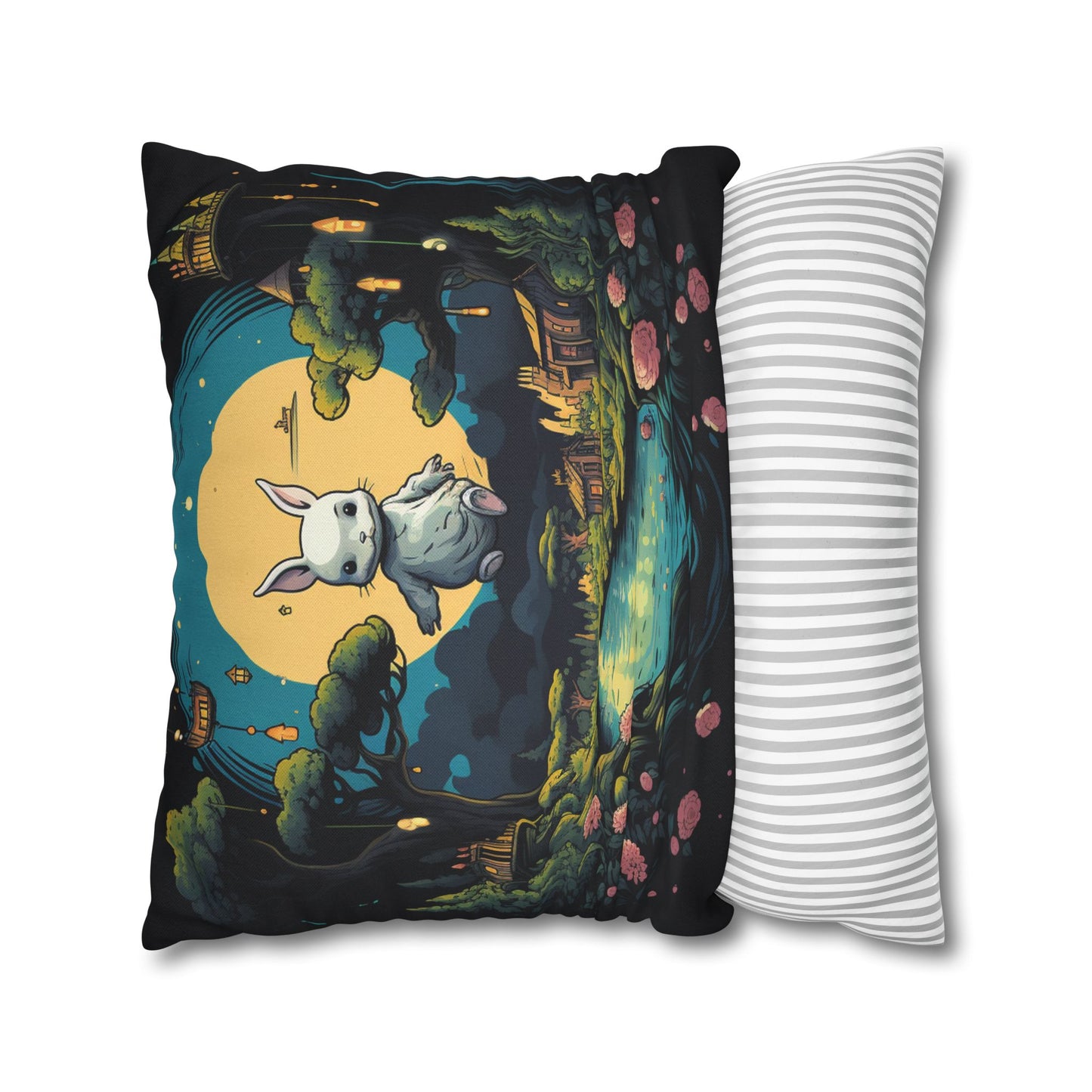 White Rabbit Mystery Psychedelic Fantasy Anime Cartoon Bunny - Spun Polyester Square Pillow Case