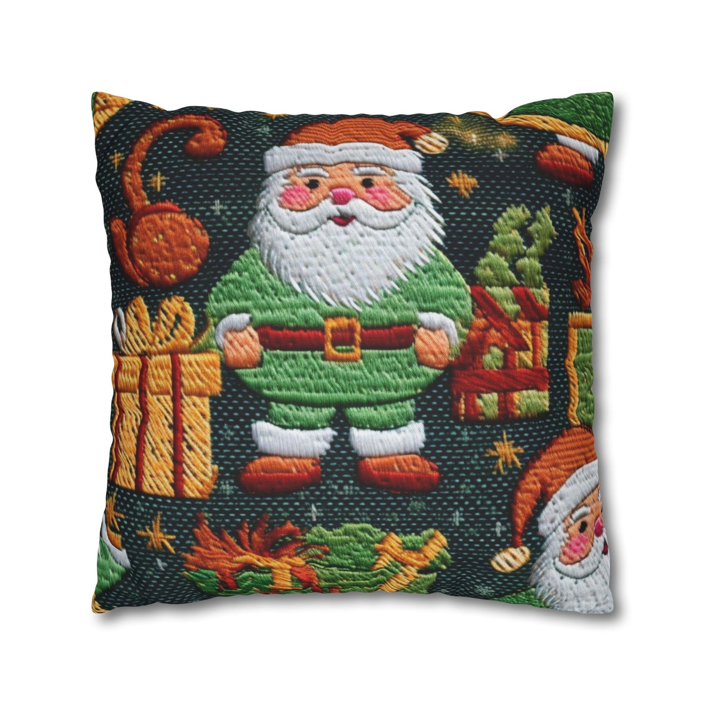 Christmas Santa Claus - Embroidered Presents - Festive Winter Wonderland - Deck the Halls Design - Spun Polyester Square Pillow Case