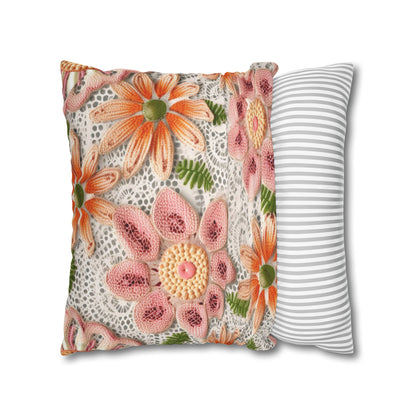 Floral Embroidered Eyelet: Delicate Flower Elegant Pattern - Spun Polyester Square Pillow Case