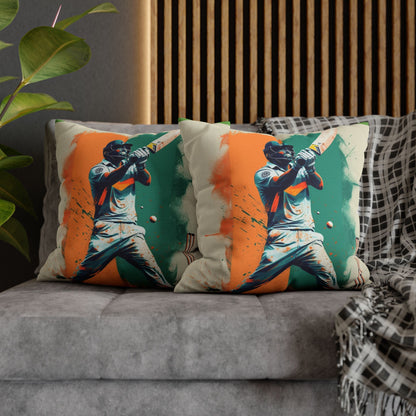 Cricket Batsman, Ball Strike, Indian Flag Color Background - Street Style - Spun Polyester Square Pillow Case