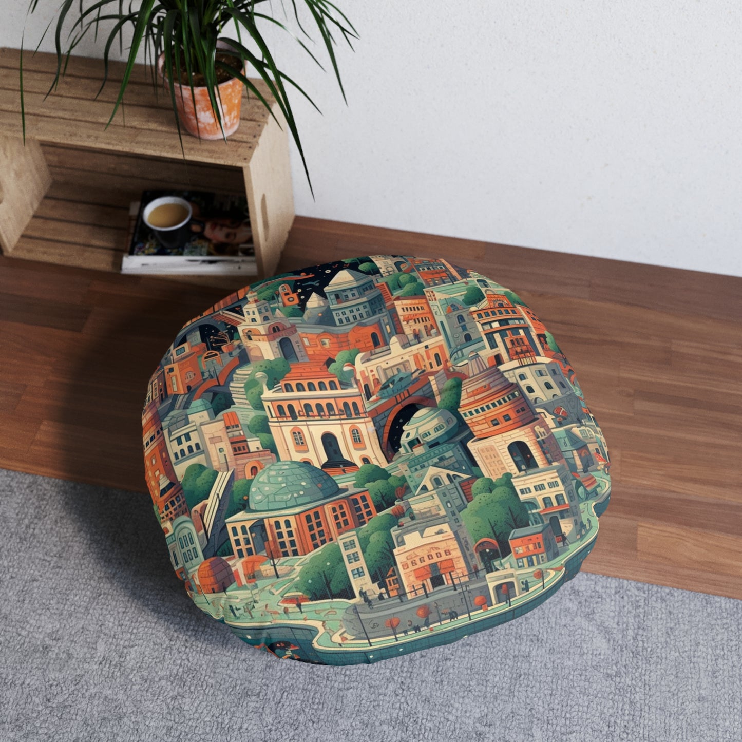 Galactic Metropolis Pattern, Sci-Fi Inspired - Tufted Floor Pillow, Round