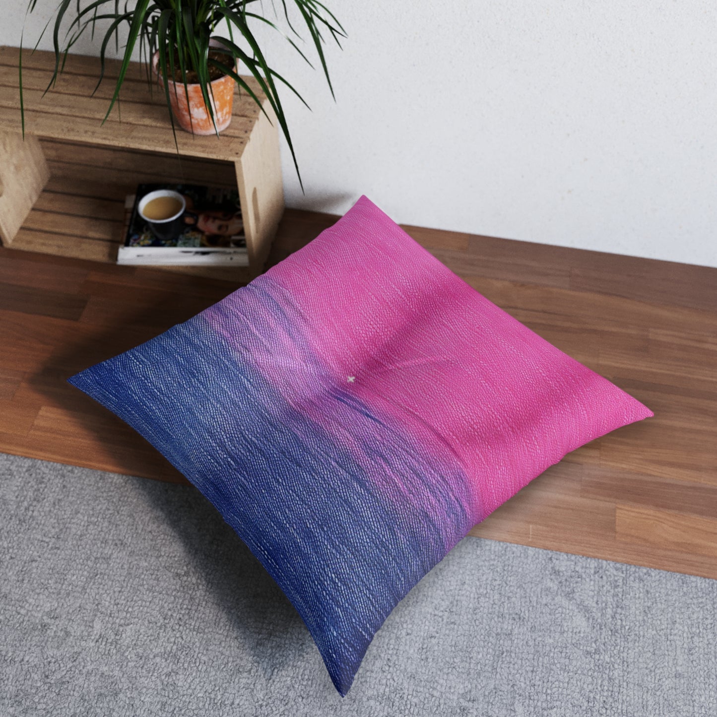 Dual Delight: Half-and-Half Pink & Blue Denim Daydream - Tufted Floor Pillow, Square