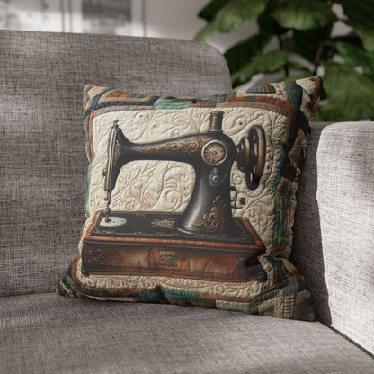 Quilted Sewing Machine, Tailor Craft Patchwork, Heirloom Textile Art - Spun Polyester Square Pillow Case