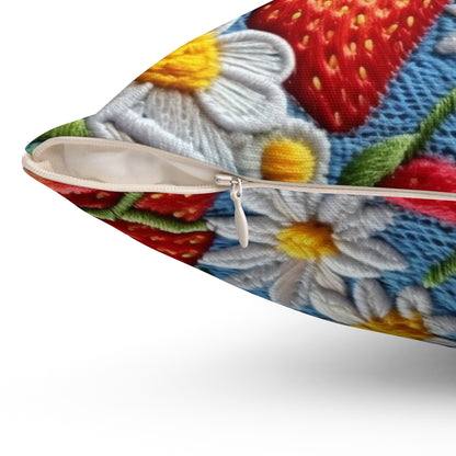 Orchard Berries: Juicy Sweetness from Nature's Garden - Fresh Strawberry Elegance - Spun Polyester Square Pillow