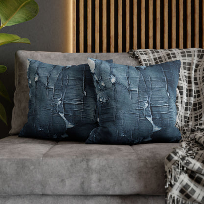 Distressed Blue Denim-Look: Edgy, Torn Fabric Design - Spun Polyester Square Pillow Case