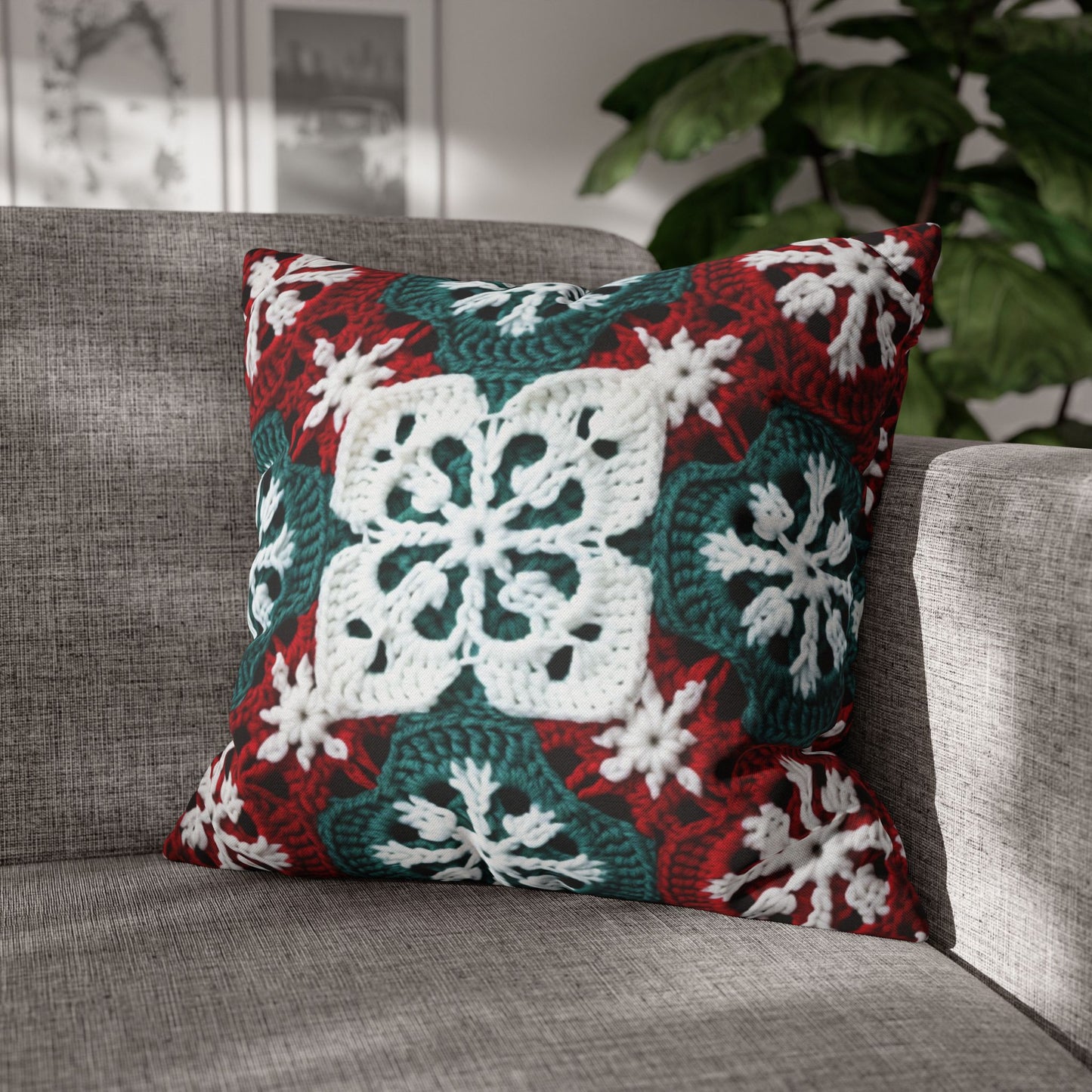 Christmas Snowflake Crochet, Festive Yuletide, Winter Wonderland Craft, Ice Crystal, Holiday Decor, Seasonal Adornments - Spun Polyester Square Pillow Case