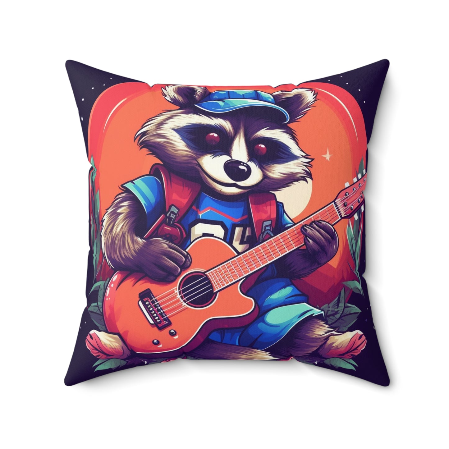 Acoustic Guitar Raccoon - Furry Animal Musician Decor Spun Polyester Square Pillow