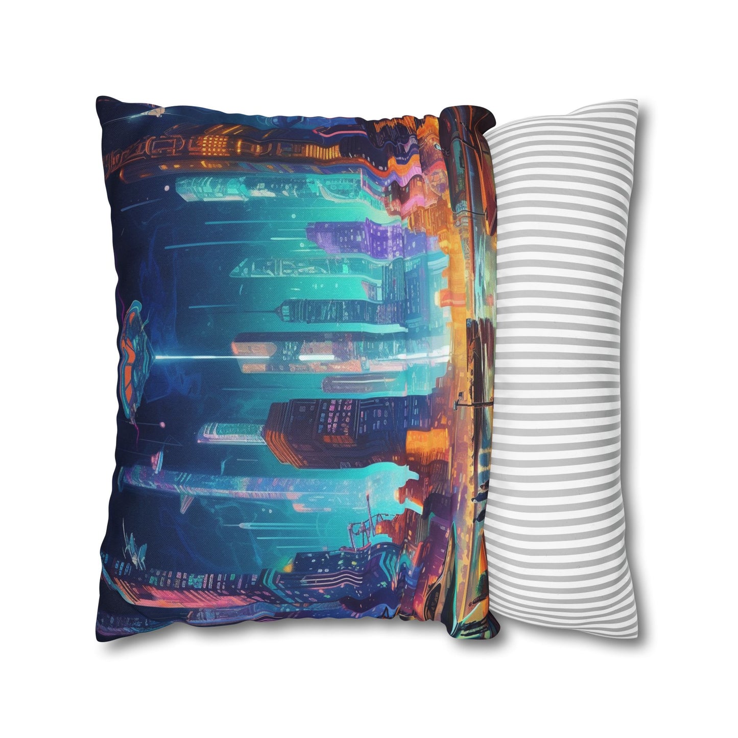 Futuristic Neon Cyberpunk Cityscape Art Design Spun Polyester Square Pillow Case