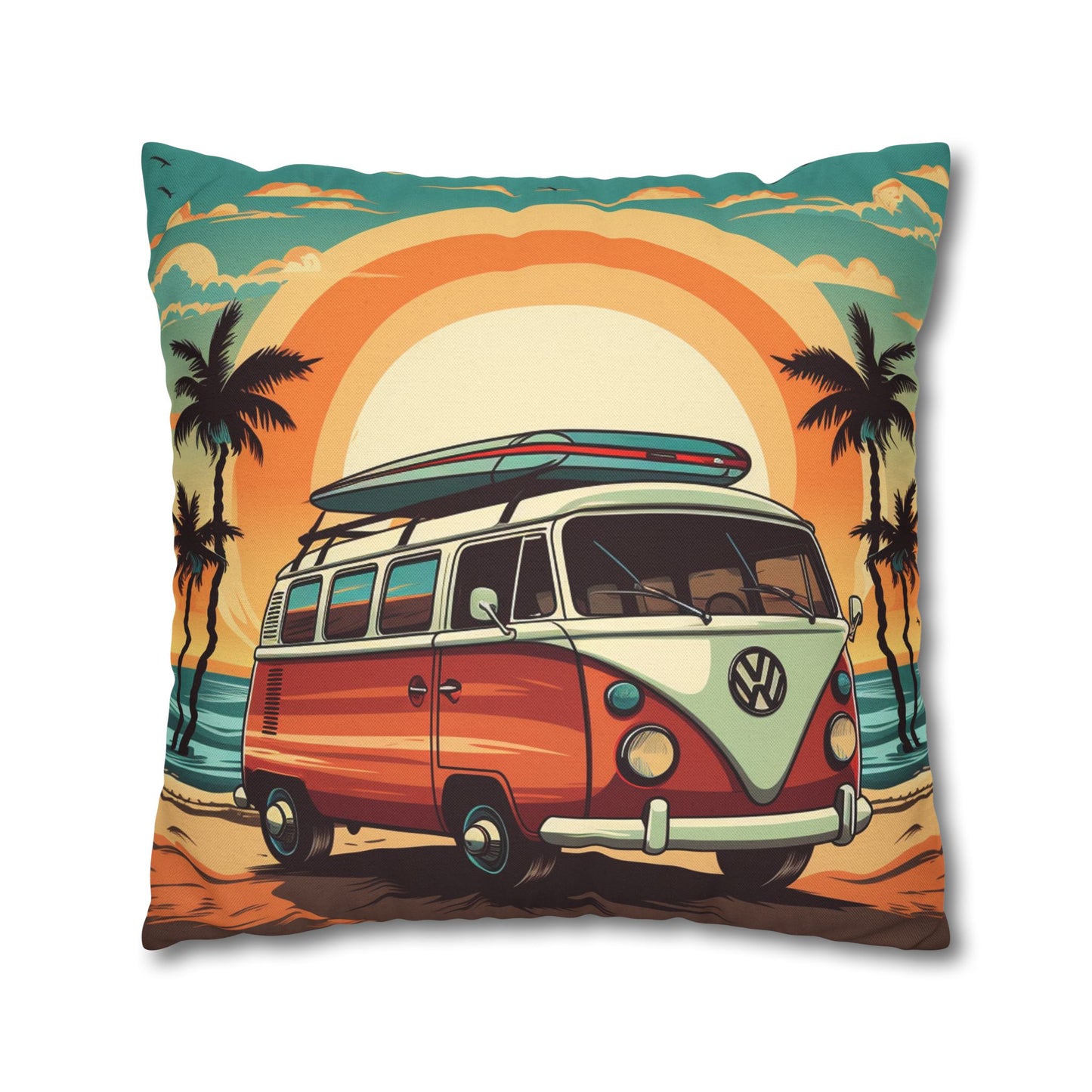 Retro Beach Camper Van - Sunset Surfboard Scene Spun Polyester Square Pillow Case