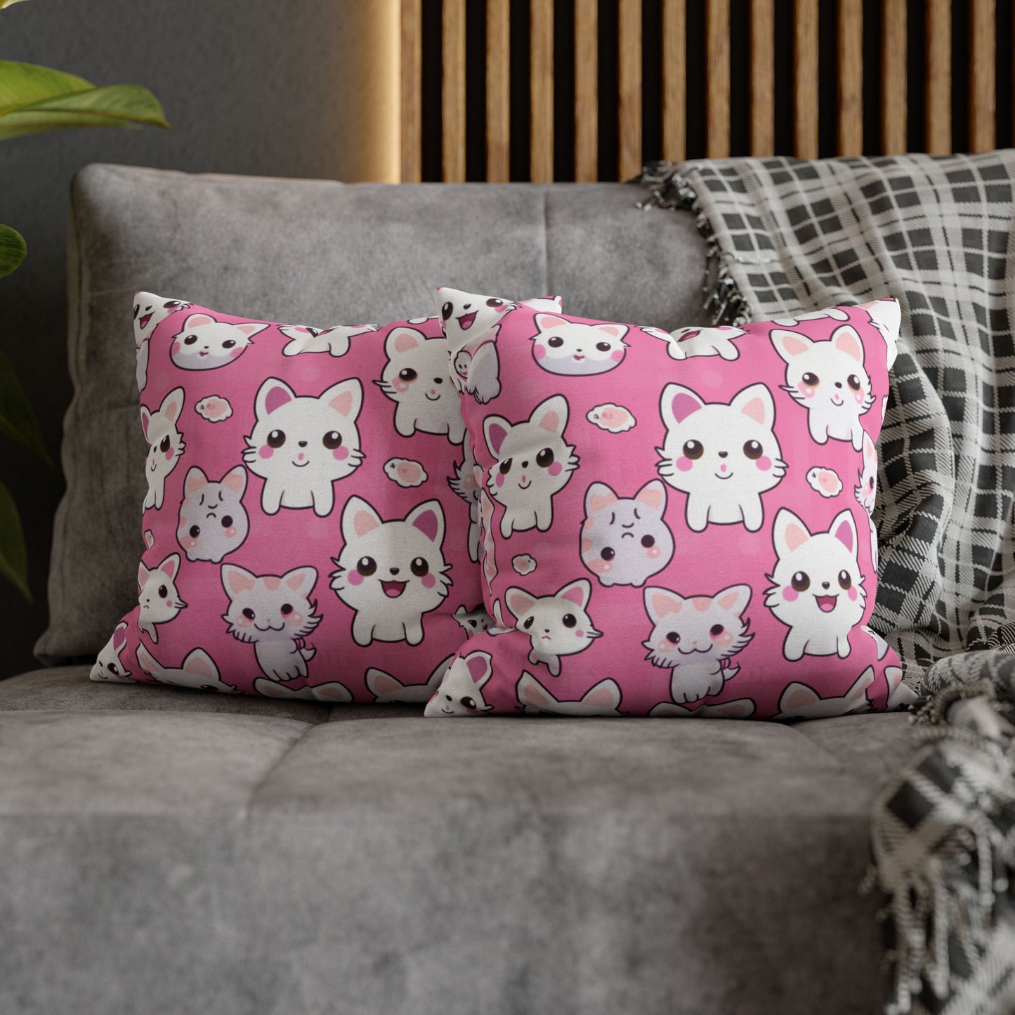 Adorable Cartoon-Style Anime Kitten, Cat, Kitty Pattern - Cute and Colorful - Spun Polyester Square Pillow Case