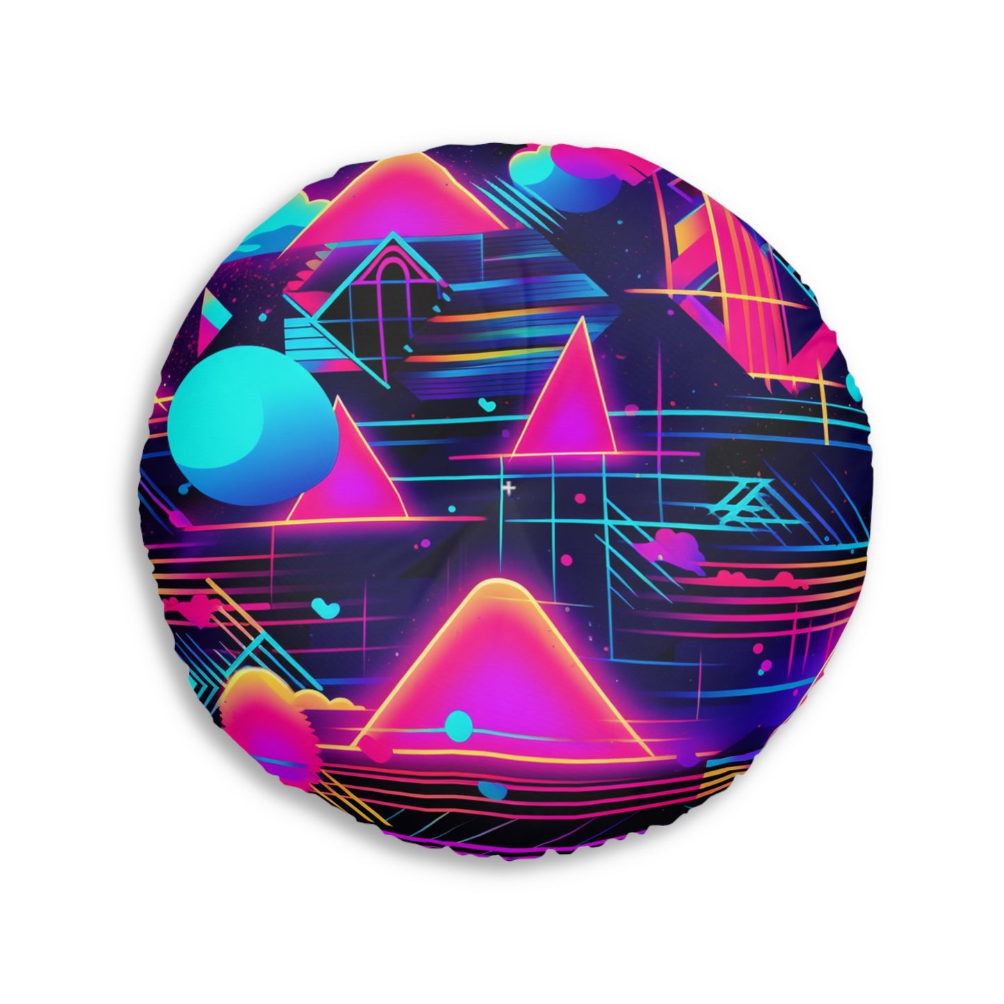 80s Synthwave Retro-Futuristic Inspired Pattern Design Tufted Floor Pillow, Round