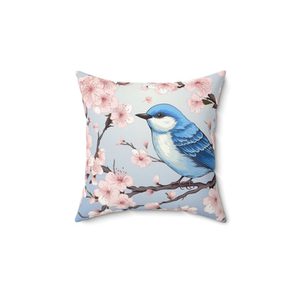 Cherry Blossom Tree Blue Bird Spun Polyester Square Pillow