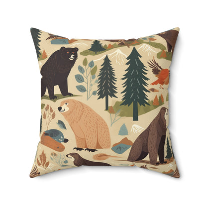 U.S. Wilderness Inspired: Grizzly Bears, Animals Pattern Spun Polyester Square Pillow