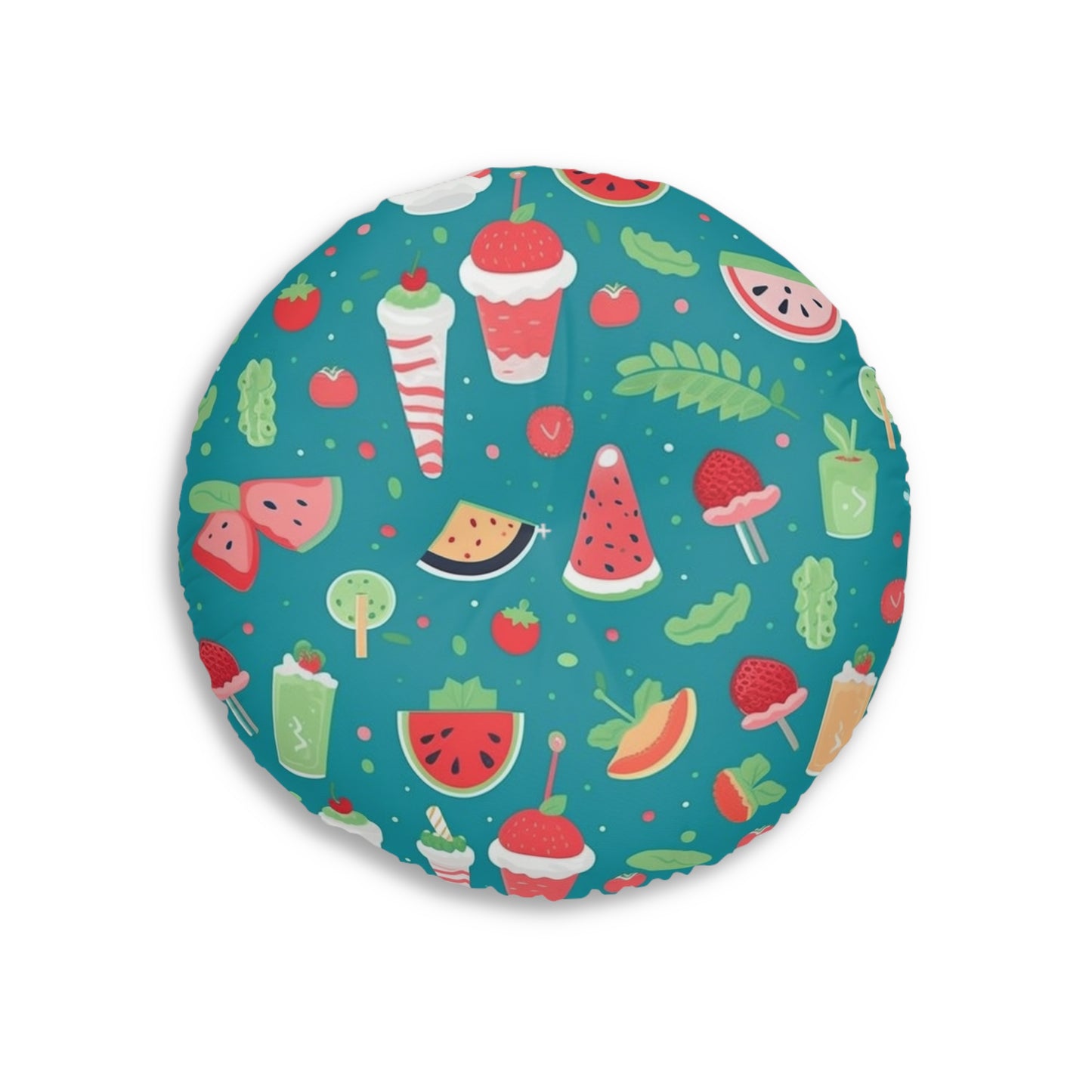 Quirky Summer Food Watermelon Ice Cream Cocktail Pattern Tufted Floor Pillow, Round