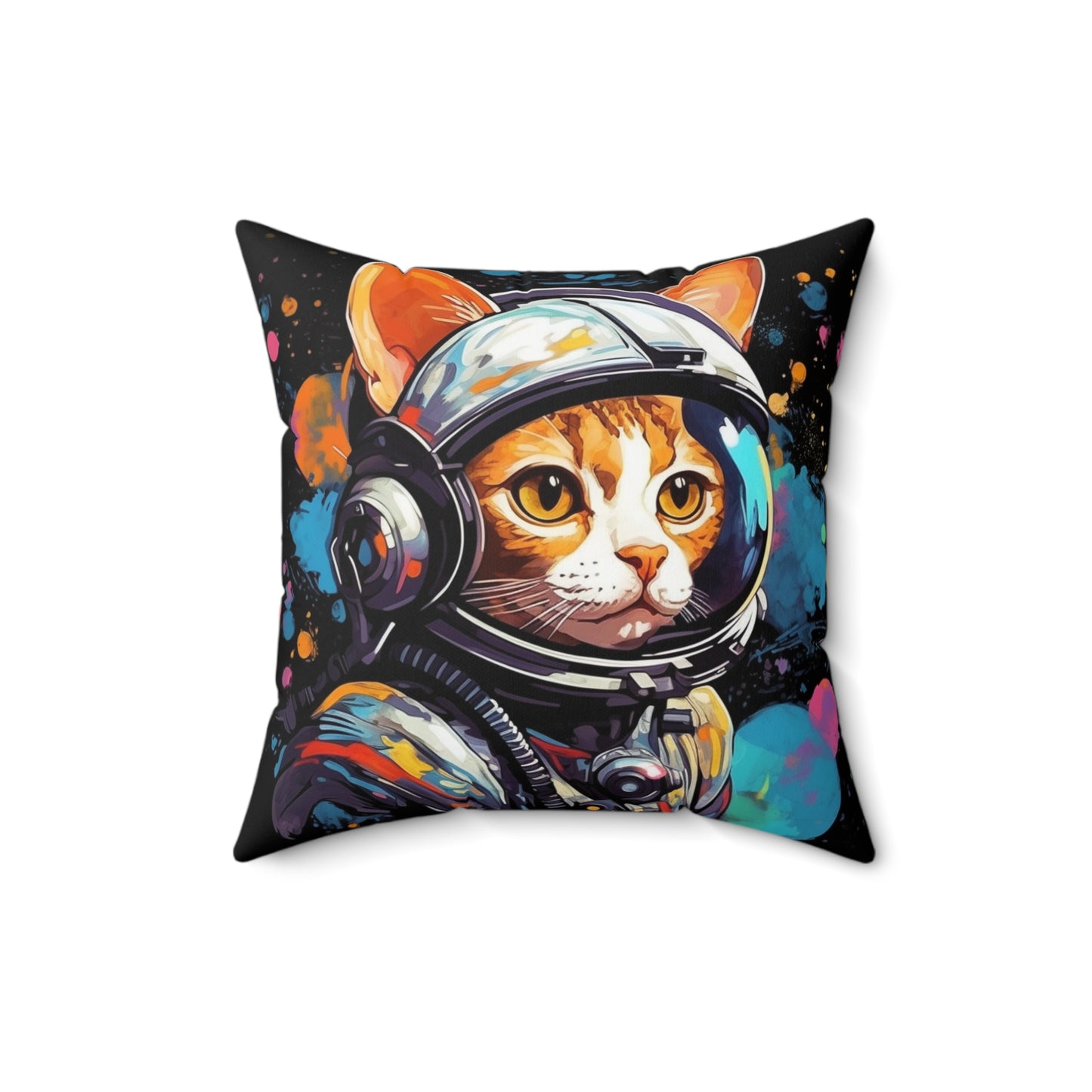 Astro Cat Adventure Feline - Pop Art, Floating in Cosmic Space - Spun Polyester Square Pillow