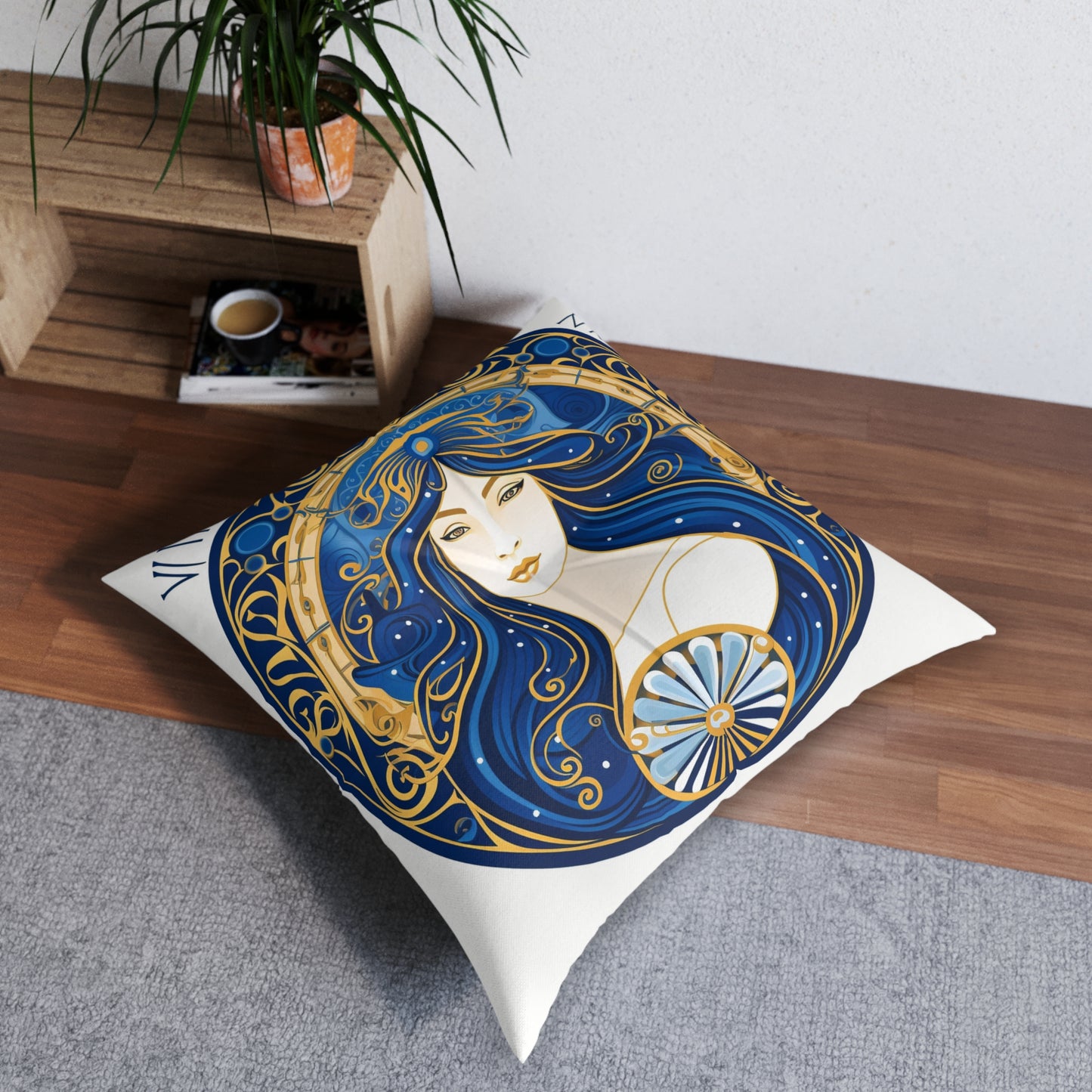 Virgo Zodiac Circular Symmetry in Gold Royal Blue - Tufted Floor Pillow, Square