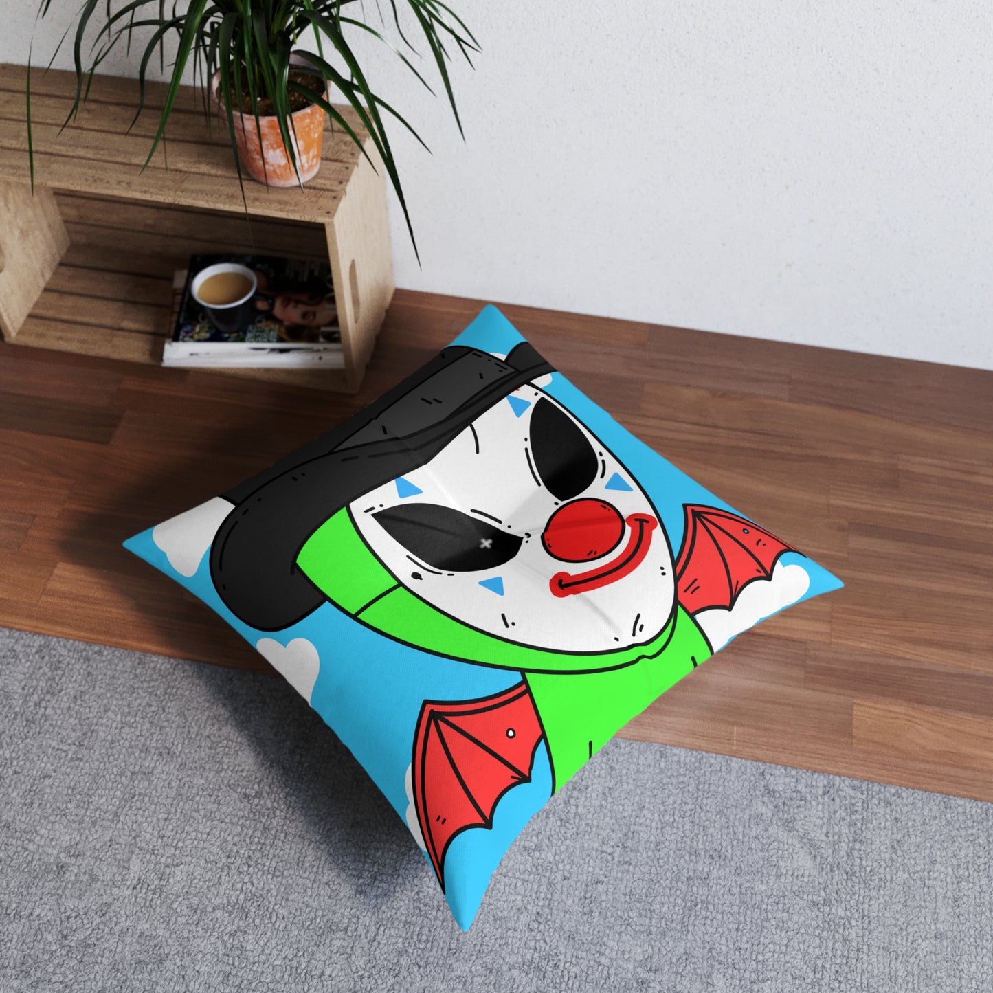 Multi Visitor (2) Green Alien w/ Devil Wings + Mushroom Head Tufted Floor Pillow, Square