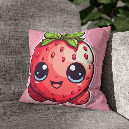 Kawaii Strawberry Adventure - Anime Classic Traditional Japanese Fruit - Otaku Artwork - Spun Polyester Square Pillow Case