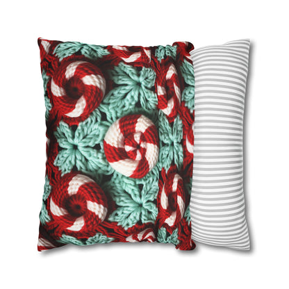 Christmas Crochet Candy Cane - Pepper Red Crystal White Holiday Pattern - Spun Polyester Square Pillow Case