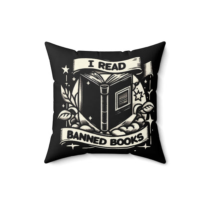 I Read Banned Books - Monochrome Crest with Stars and Laurel - Spun Polyester Square Pillow