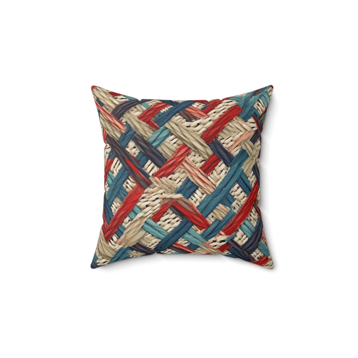 Colorful Yarn Knot: Denim-Inspired Fabric in Red, White, Light Blue - Spun Polyester Square Pillow