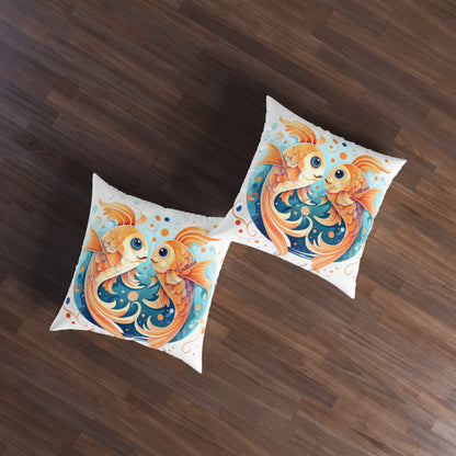 Charming Cartoon Fish Pisces - Dreamy Zodiac Illustration - Tufted Floor Pillow, Square