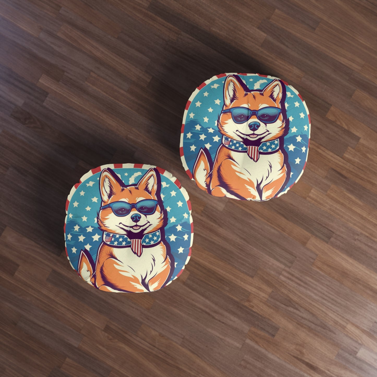 Patriotic Shiba Inu Retro Cartoon -Synthwave Summer Animation Tufted Floor Pillow, Round