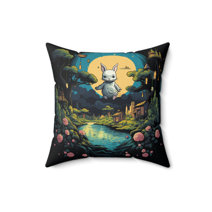 White Rabbit Mystery Psychedelic Fantasy Anime Cartoon Bunny - Spun Polyester Square Pillow