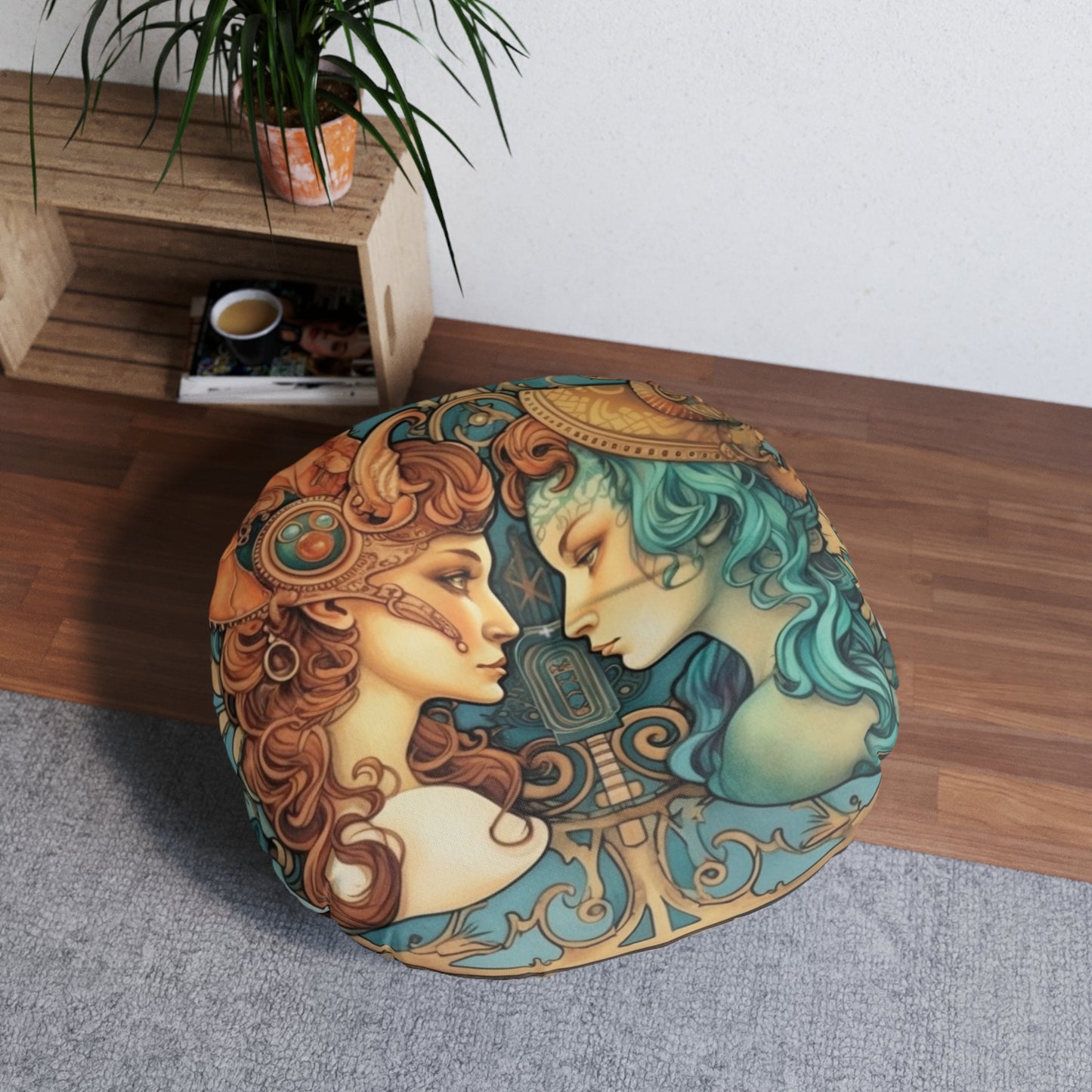 Steampunk Gemini - Dualistic Motifs & Vibrant Contrast - Tufted Floor Pillow, Round