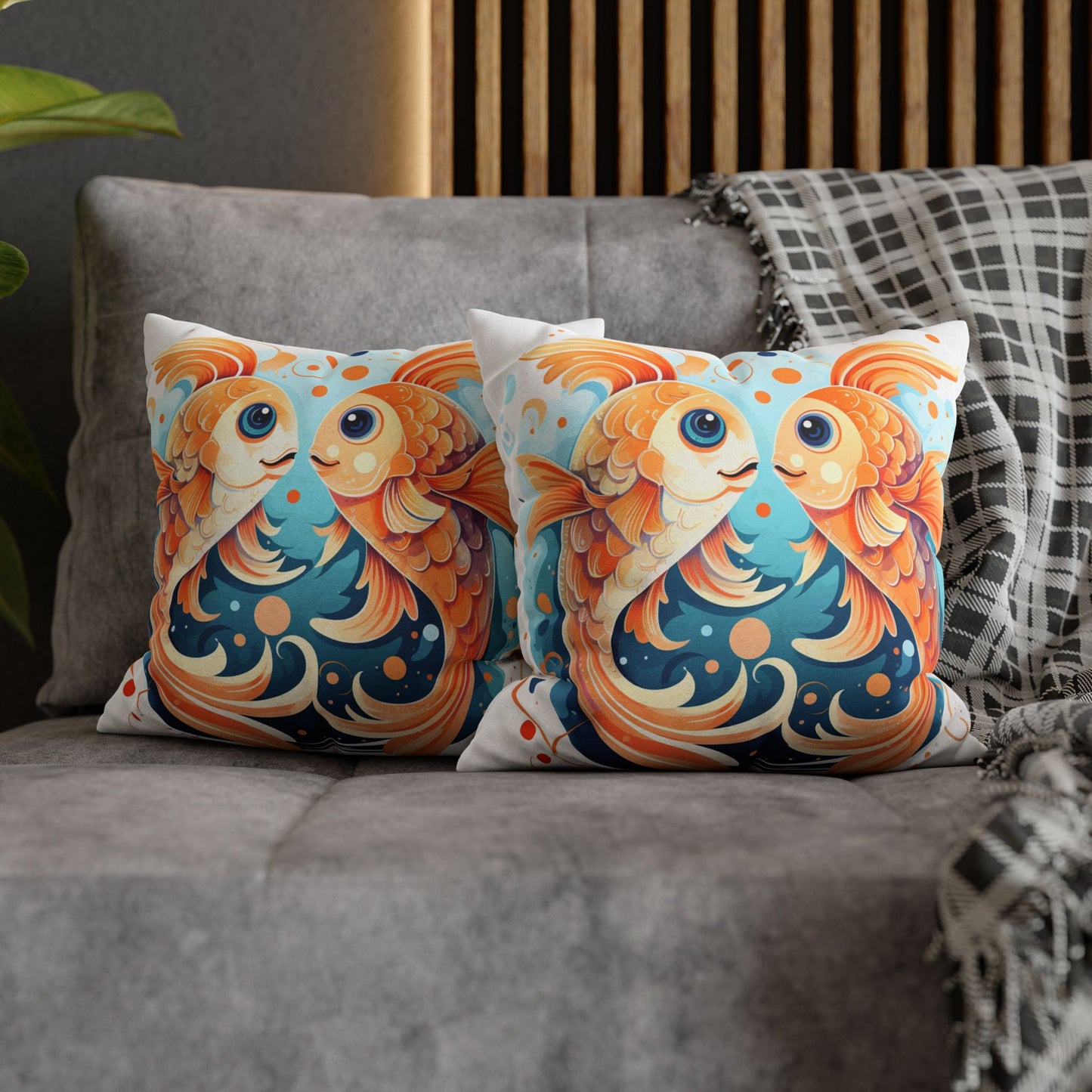 Charming Cartoon Fish Pisces - Dreamy Zodiac Illustration - Spun Polyester Square Pillow Case