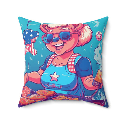 Patriotic Bear Chef: Female Cook Woman Bringing Flavor and American Pride Spun Polyester Square Pillow