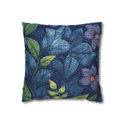 Floral Embroidery Blue: Denim-Inspired, Artisan-Crafted Flower Design - Spun Polyester Square Pillow Case