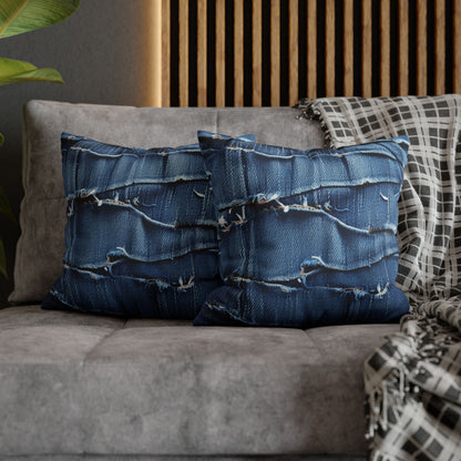 Midnight Blue Distressed Denim: Rugged, Torn & Stylish Design - Spun Polyester Square Pillow Case