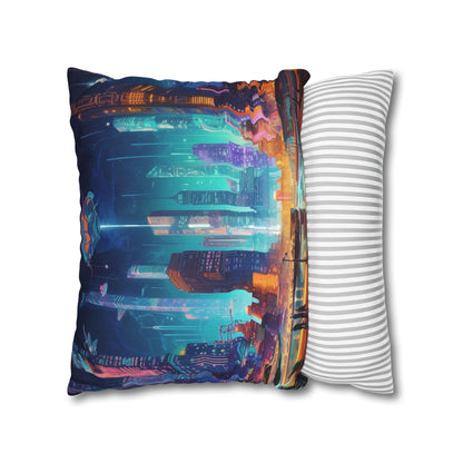 Futuristic Neon Cyberpunk Cityscape Art Design Spun Polyester Square Pillow Case