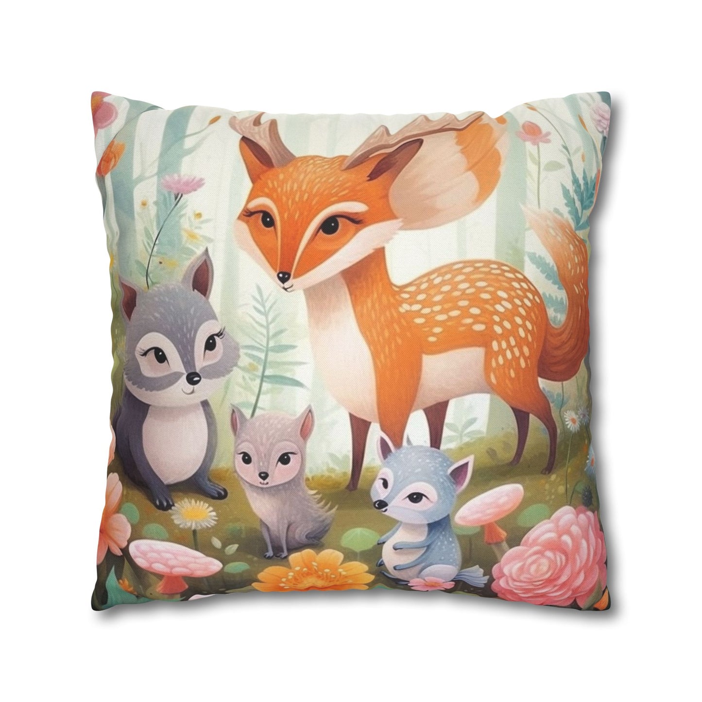 Cute Woodland Creatures Whimsical Animal Art Spun Polyester Square Pillow Case