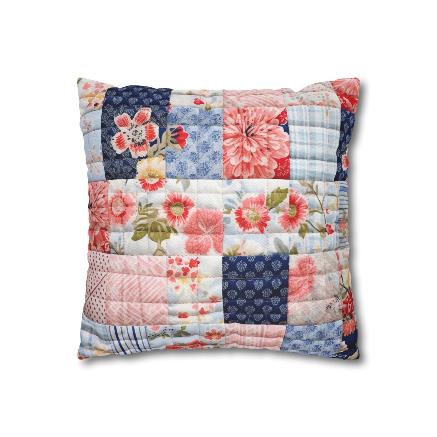 Floral Harmony Quilt, Blossom Patchwork, Blue and Pink Quilted Patterns, Garden Quilt, Soft Pastel Quilting Squares Design - Spun Polyester Square Pillow Case