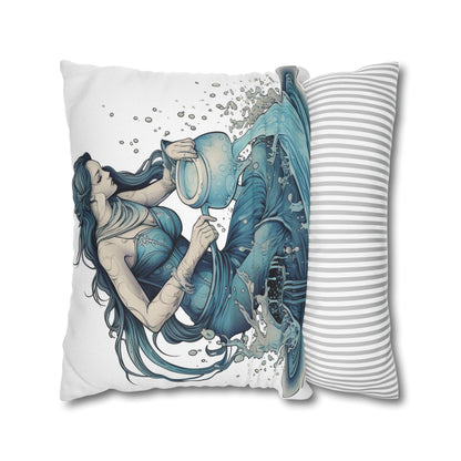 Aquarius Zodiac Symbol - Girl Pouring Water, Hand-Drawn Style - Spun Polyester Square Pillow Case