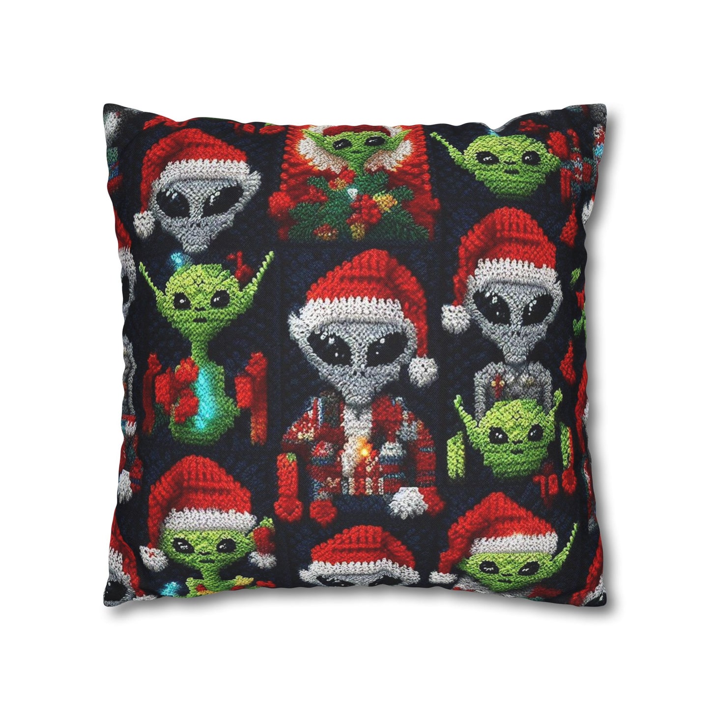 Festive Alien Invasion: Intergalactic Christmas Holiday Cheer with Santa Hats and Seasonal Gifts Crochet Pattern - Spun Polyester Square Pillow Case