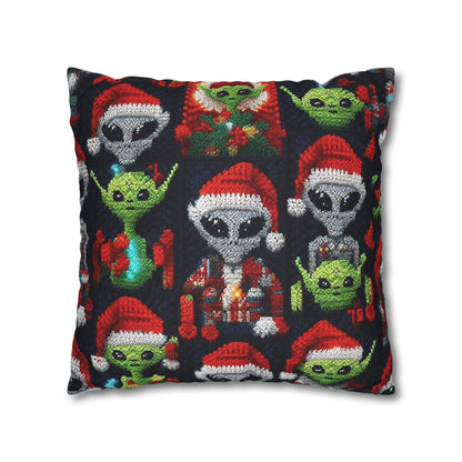 Festive Alien Invasion: Intergalactic Christmas Holiday Cheer with Santa Hats and Seasonal Gifts Crochet Pattern - Spun Polyester Square Pillow Case