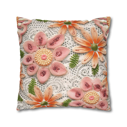 Floral Embroidered Eyelet: Delicate Flower Elegant Pattern - Spun Polyester Square Pillow Case