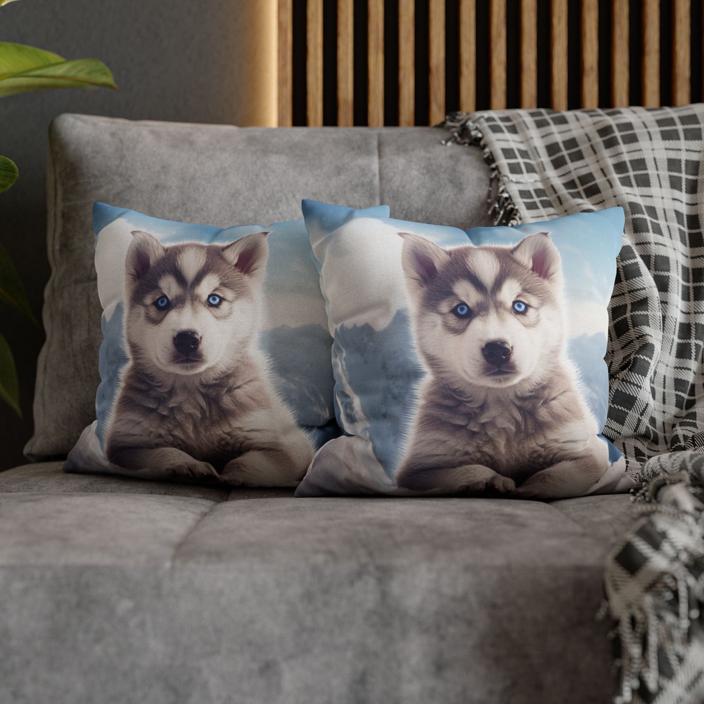 Husky Puppy Winter Wonder - Snowy Mountain Backdrop Spun Polyester Square Pillow Case